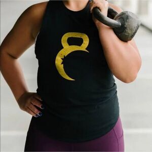 ZYIA Black Tank Top with Gold Kettlebell Design